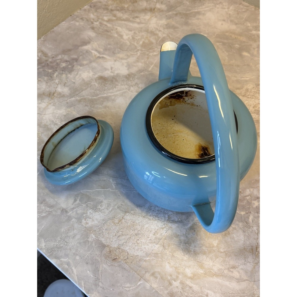 Vintage Blue Enamel Tea Kettle Stovetop Pot Mid Century Farmhouse Decor - Picture 7 of 12